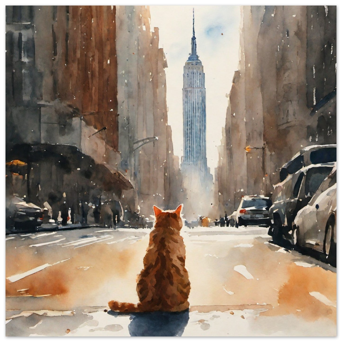 New York Cat in Awe of Empire State Building - Premium Matte Paper Poster