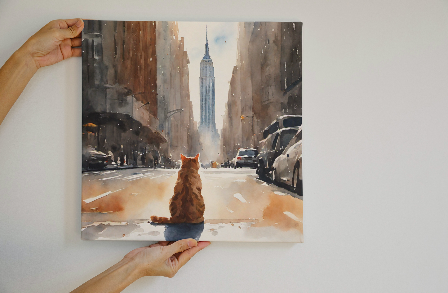 New York Cat in Awe of Empire State Building - Premium Matte Paper Poster